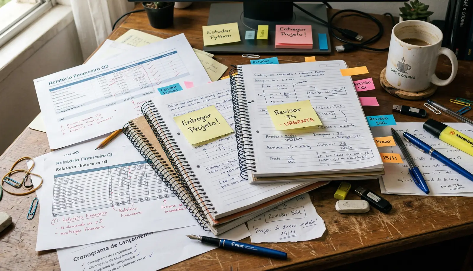 Mesa com anotações e materiais estratégicos